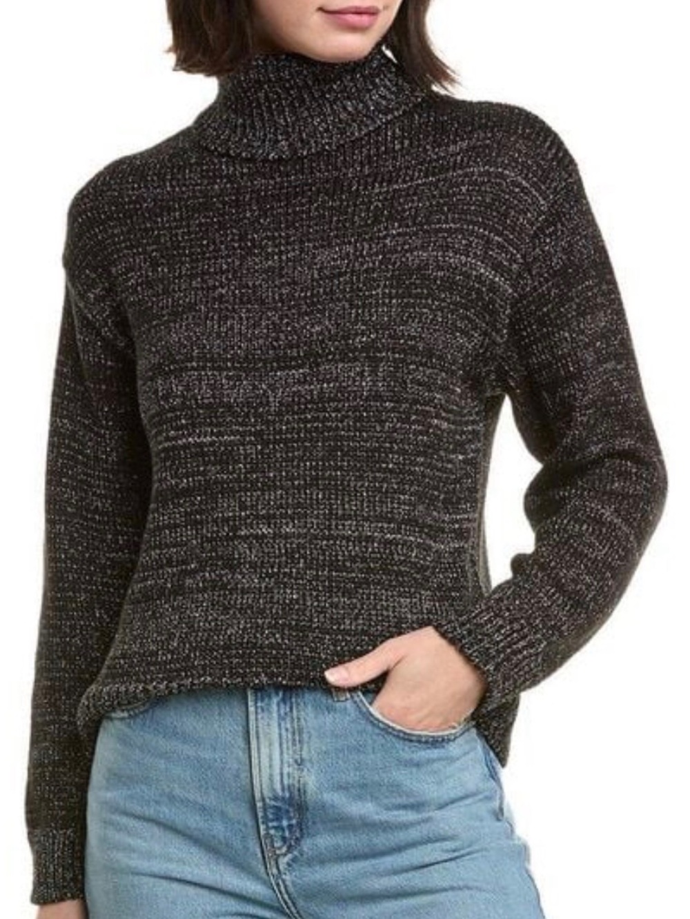 Joes Jeans Womens Black Silver Metallic Turtleneck Shimmer Knit Sweater